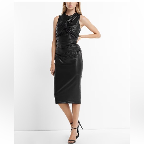 Express Body Contour Faux Leather Twist Front Midi Dress W/Built-In Shapewear Lg - Picture 2 of 13
